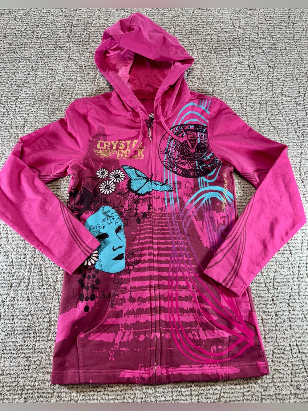 NEW Christian Audigier‎ Women’s Size Medium Berry Crystal Rock Hoodie